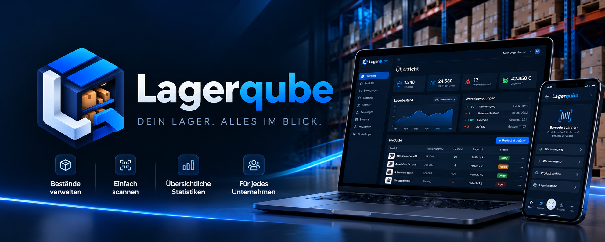 Lagerqube Übersicht mit Laptop und Smartphone